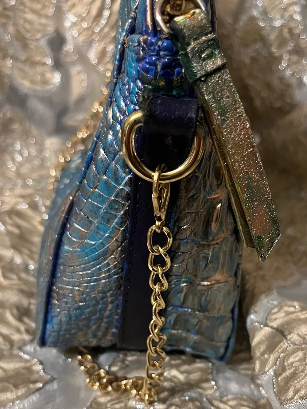 Metallic Blue Croc-Embossed Chain Shoulder Bag